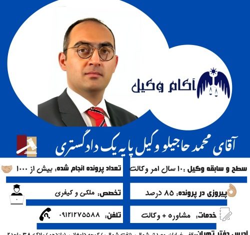 محمد حاجیلو وکیل تهران است و بیش از 10 سال سابقه دارد.Mohammad Hajilo is a lawyer in Tehran and has more than 10 years of experience.