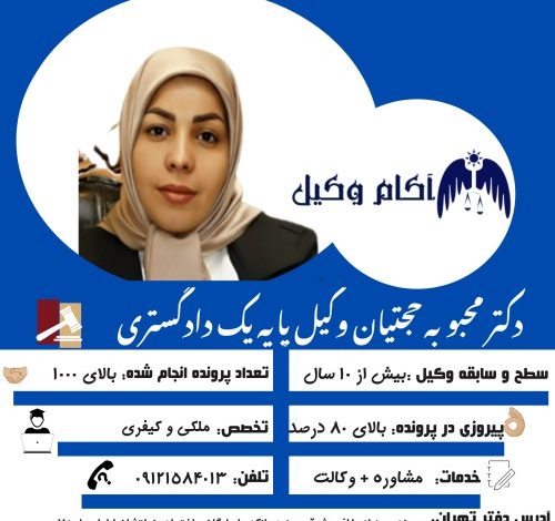 محبوبه حجتیان وکیل پایه یک دادگستری است که در تهران فعالیت می کند.2025Mehbobeh Hojjatian is a basic lawyer working in Tehran.