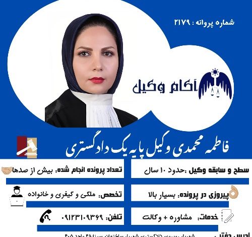 خانم فاطمه محمدی وکیل پایه یک دادگستری عضو کانون وکلای تهران است.